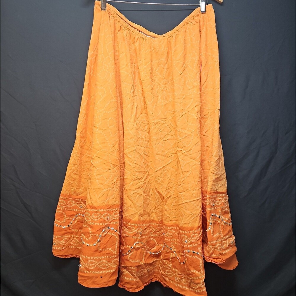 Stag Women's XL 16/18 Orange Bandhani Broomstick Maxi Skirt Boho Sequence